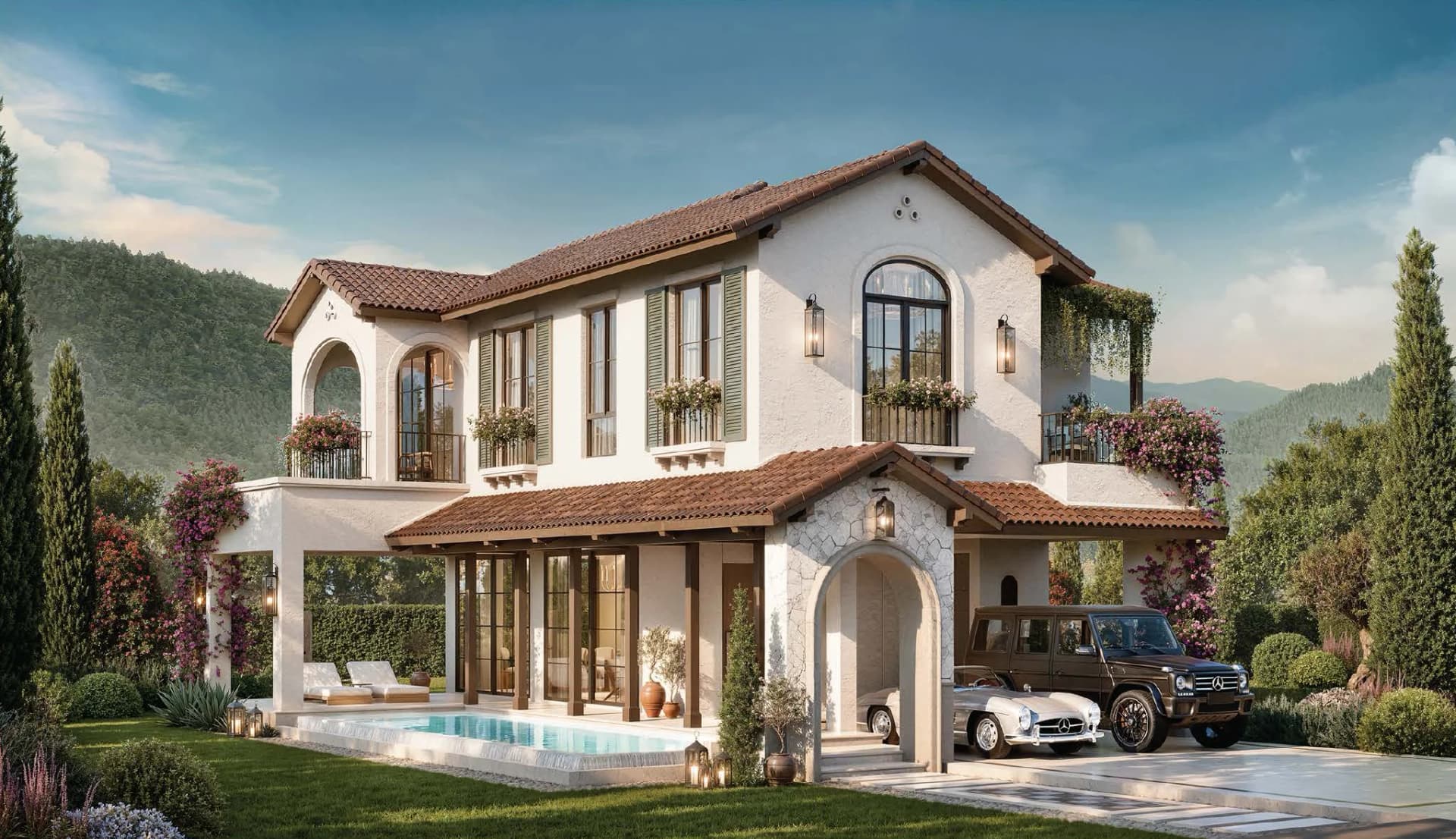 Aurelia: white stucco, green shutters, pool and carport