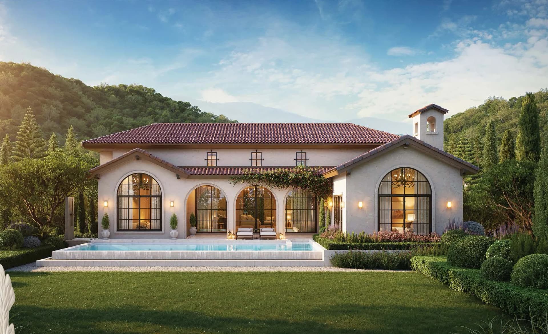 Sylvia on one level: arched glass doors and the pool